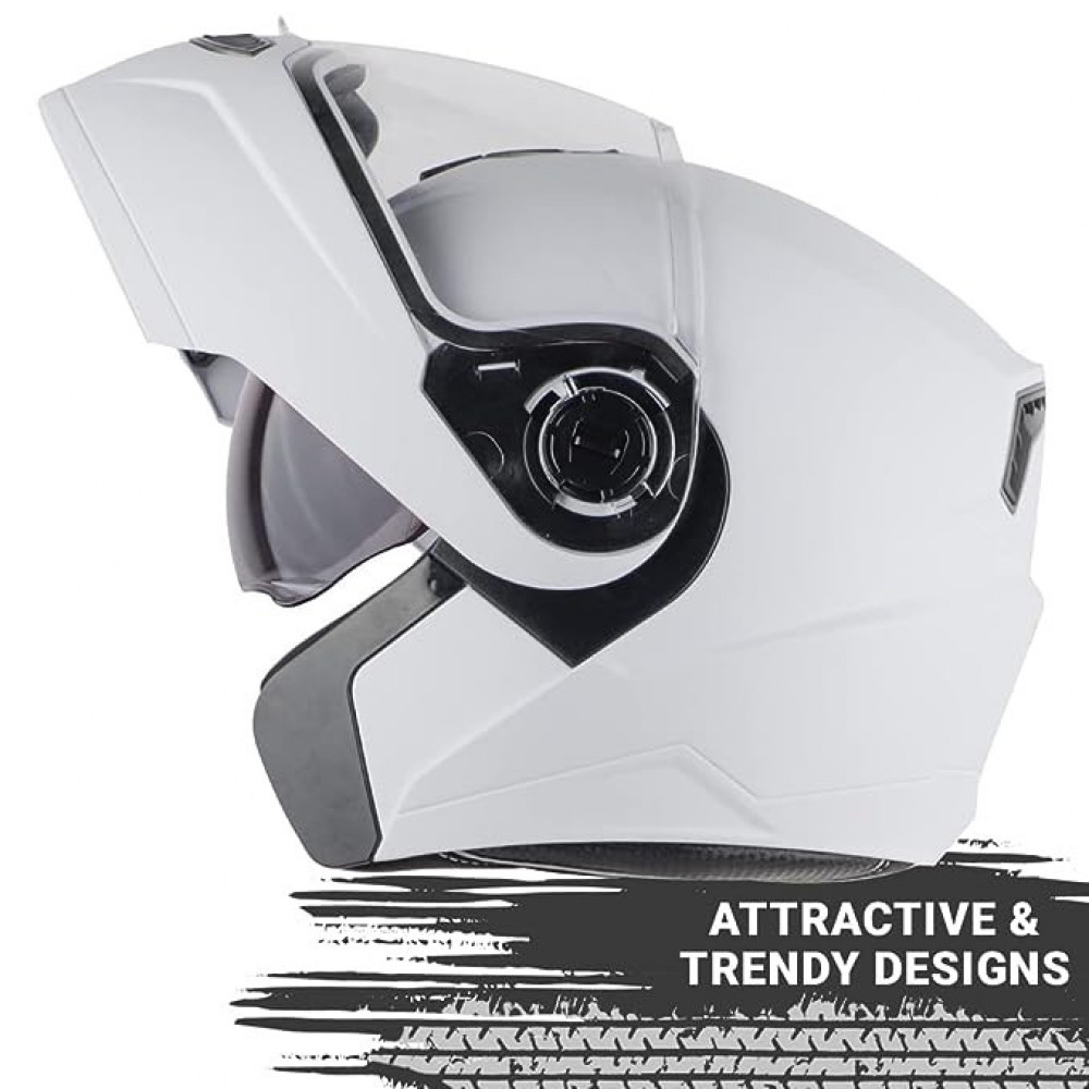 Steelbird SBA-7 7Wings ISI Certified Flip-Up Helmet for Men and Women Motorbike Helmet (Medium 580 MM, Dashing White with Outer Clear and Inner Smoke Sun Shield)