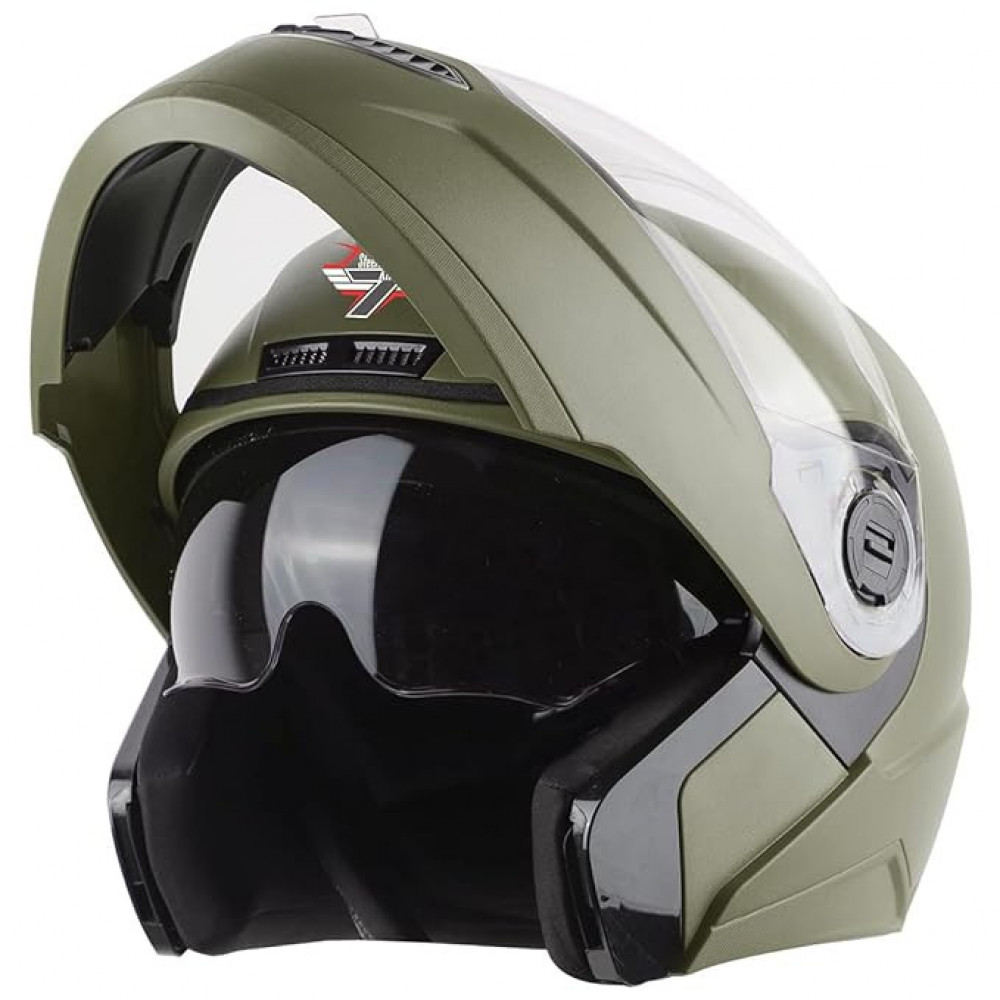 Steelbird SBA-7 7Wings ISI Certified Flip-Up Helmet for Men and Women Motorbike Helmet (Large 600 MM, Dashing Battle Green with Outer Clear and Inner Smoke Sun Shield)