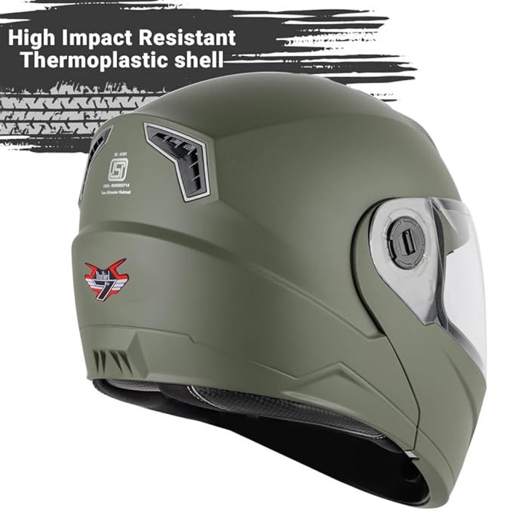 Steelbird SBA-7 7Wings ISI Certified Flip-Up Helmet for Men and Women Motorbike Helmet (Large 600 MM, Dashing Battle Green with Outer Clear and Inner Smoke Sun Shield)