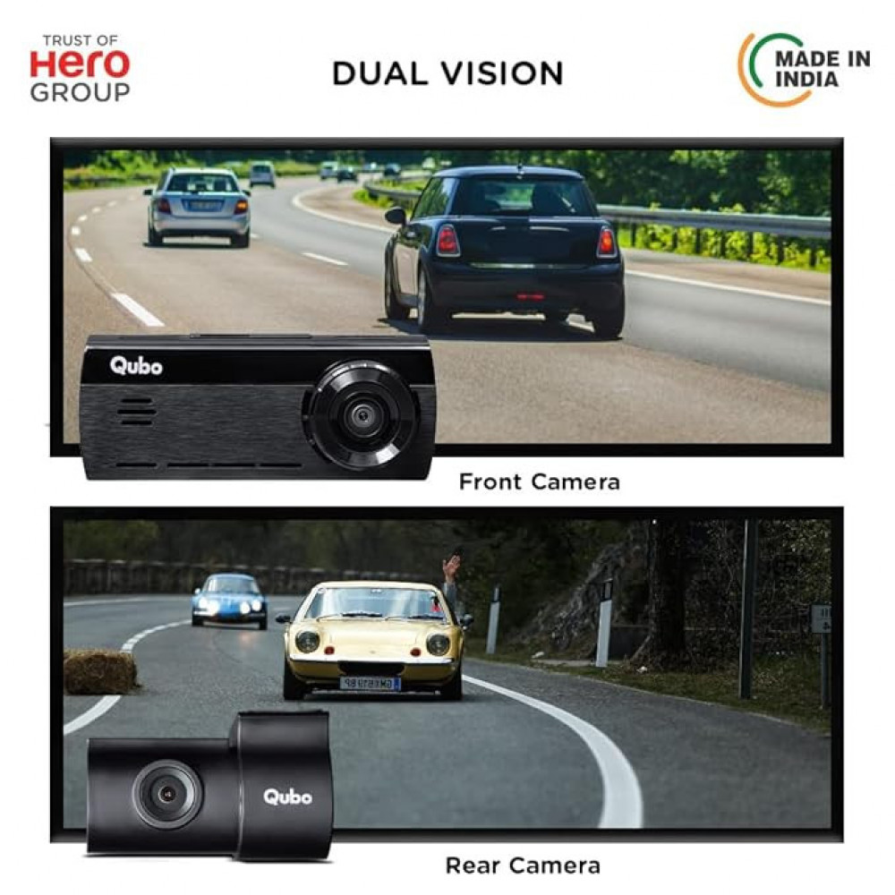 Qubo Car Dash Camera True 4K 2160P UHD Dual Channel from Hero Group | SONY STARVIS IMX415 Sensor | Made in India | ADAS | Rear 1080P | GPS Log, 2.8" Display | Easy DIY Set Up