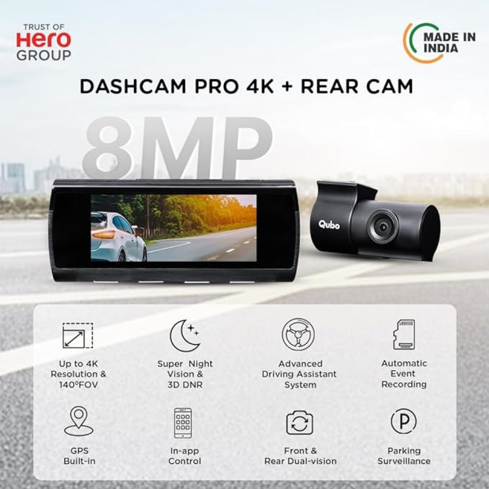 Qubo Car Dash Camera True 4K 2160P UHD Dual Channel from Hero Group | SONY STARVIS IMX415 Sensor | Made in India | ADAS | Rear 1080P | GPS Log, 2.8" Display | Easy DIY Set Up